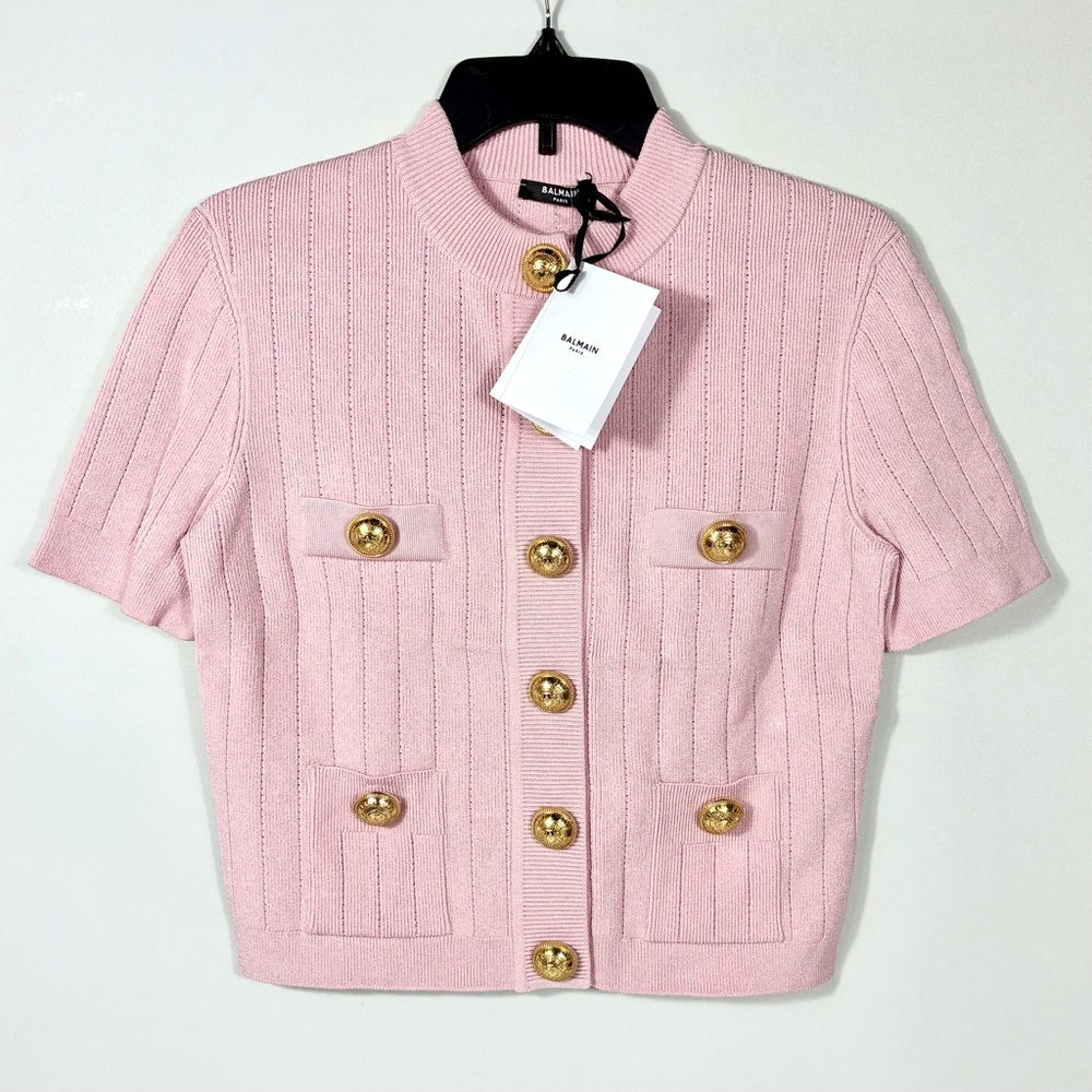 Balmain Knitted Four Pocket Short Sleeve Cardigan FR 40 US 8 Pink NWT - Picture 4 of 17